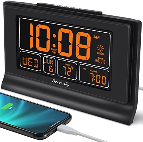 DreamSky Alarm Clocks for Bedrooms with Battery Backup, Auto Set | Digital Clock with Date & Day of Week, 5 Inch Large Display, Weekday, Temperature, USB Port, Auto DST, Brightness Dimmer