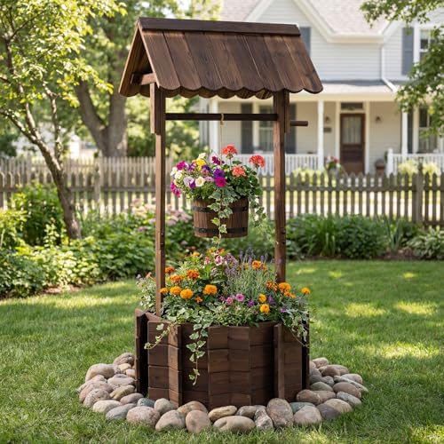 Giantex Wooden Wishing Well Planter with Hanging Bucket, Carbonized Fir Wood Outdoor Garden Planter for Flowers