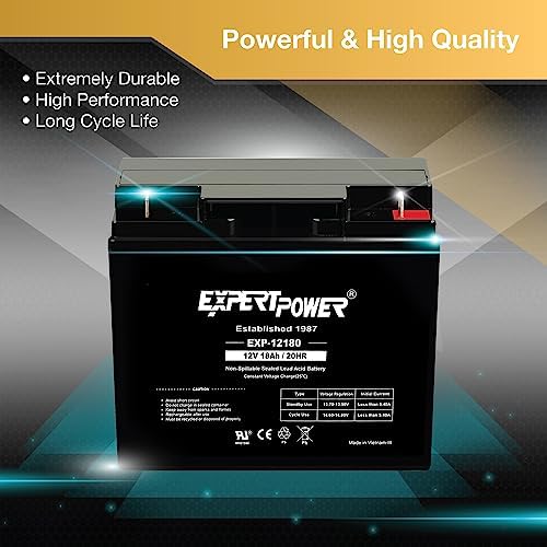 ExpertPower EXP12180-12V 18Ah / 20HR AGM Sealed Lead Acid 12V Battery for UPS Replacement, Rechargeable Small 12 Volt Batteries for Alarm Systems