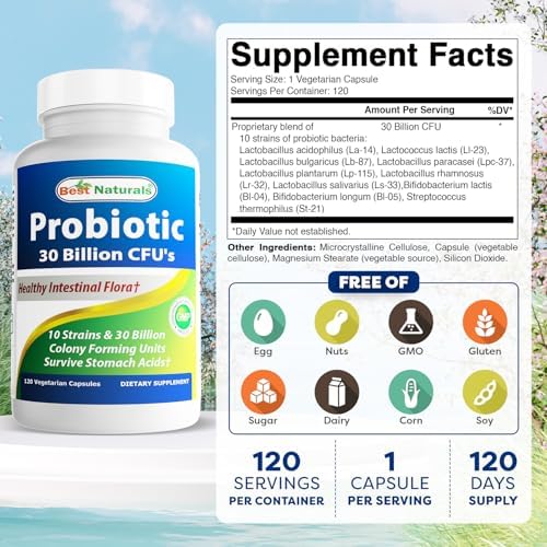 Best Naturals Probiotic 10 Strains & 30 Billion CFU Intestinal Flora, 120 Veggie Capsules - Shelf Stable probiotic (4146365)