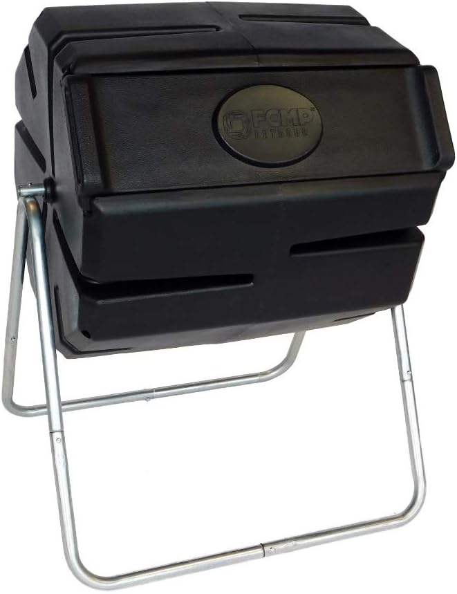 FCMP Outdoor 37 Gallon 1 Piece Plastic Single Chamber Roto Tumbling Composter Outdoor Elevated Rotating Garden Compost Bin, Black