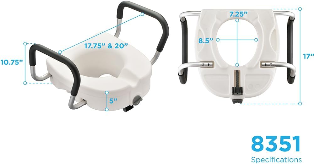 NOVA Toilet Seat Riser with Arms – Adds 5” Height, Raised Toilet Seat with ON/Off Front Lock, Adjustable & Removable Padded Arms (17.75”–20”), 300 lb Capacity, Safety Aid for Seniors