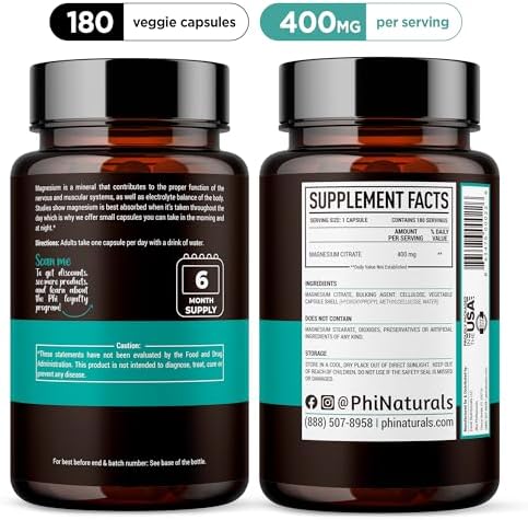 Magnesium Citrate Powder Capsules 400mg - 180 Count Veg Caps - PhiNaturals Supplements - Nervous System Support and Enzyme Function