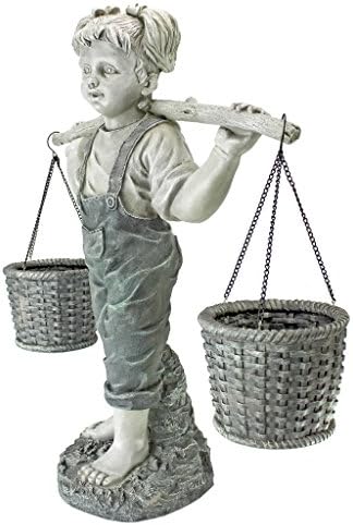 Design Toscano Flowers for Felicity Little Girl Garden Statue with Basket Planters, Medium, 25 Inches Tall, Cast Stone Resin, Two Tone Stone Finish