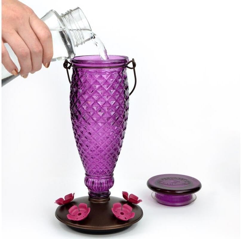 Perky-Pet Diamond Wine Top Fill Glass Hummingbird Feeder, 24 oz Capacity | Built-in Bee Guards for Outdoors, Purple Hanging Wild Bird Feeder