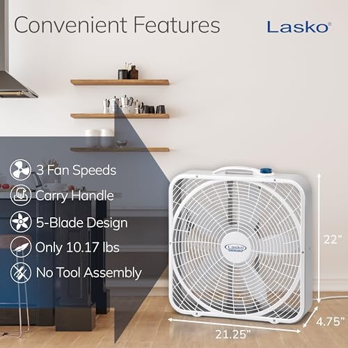 Lasko Weather-Shield Performance Box Fan, 3 Speeds, Innovative Wind Ring System for Up to 30% More Air, Carry Handle for Bedroom, Office, Home