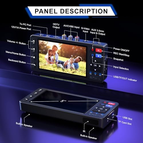 Portta VD20P VHS to Digital Converter with 5" HD Screen, Video Capture Recorder Convert to MP4 Compatible with VHS, VCR, DVR, DVD, Hi8, Mini DV