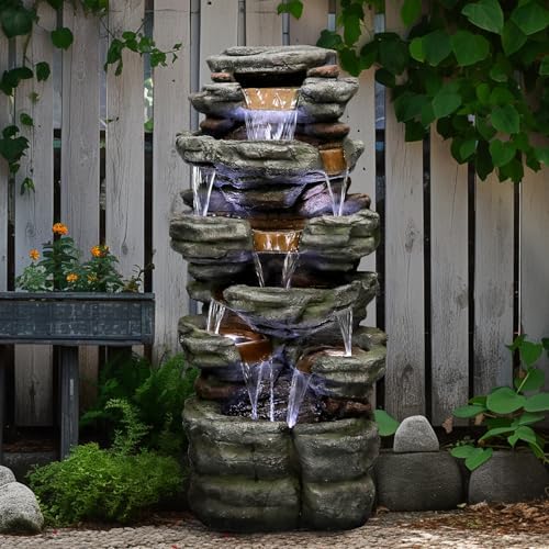 SunJet 40.5” High Rocks Outdoor Water Fountain - 6-Tiers Cascading Waterfall with LED Lights, Soothing Tranquility for Home Garden, Yard Decor