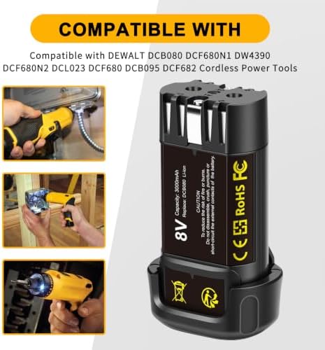 2 Pack 3000mAh 8V Li-ion Replacement Battery Compatible with DEWALT DCB080 DCF680N1 DW4390 DCF680N2 DCL023 DCF680 DCB095 DCF682 Cordless Power Tools