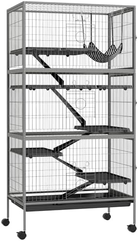 PawHut Metal Small Animal Cage, 4-Tiers Rolling Big Ferret Cage, Gray