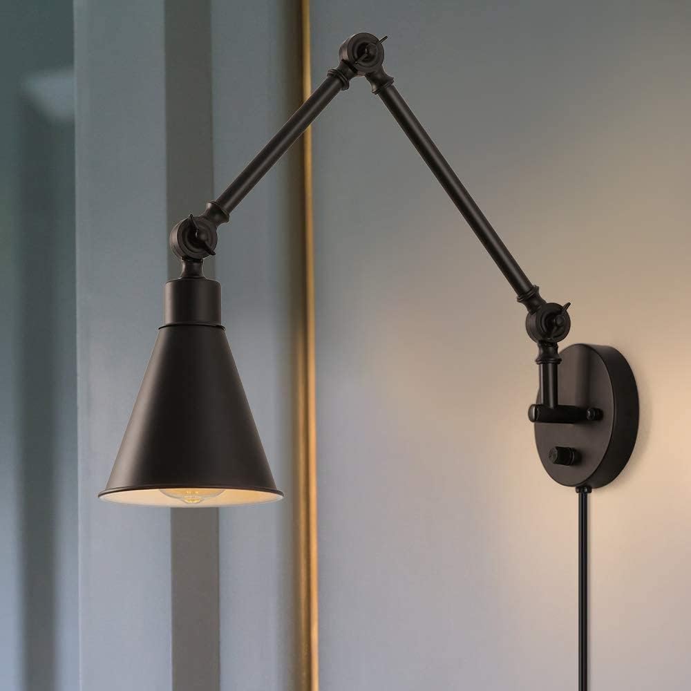 CADUKE Swing Arm Wall Lamp for Bedroom, Set of 2 Plug in Wall Light Fixture with Dimmable Switch