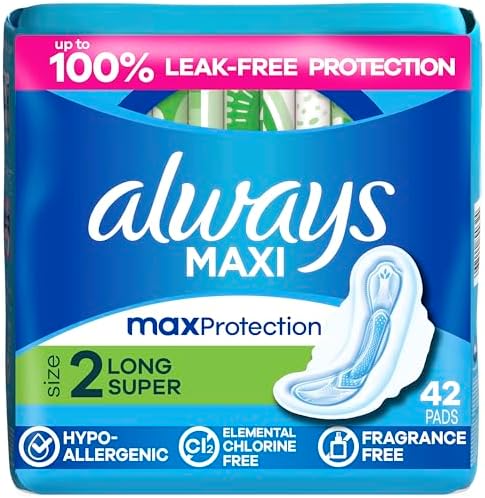 Always Maxi Feminine Pads with Wings for Women, Size 2, Long Super Absorbency, Unscented 60 Count