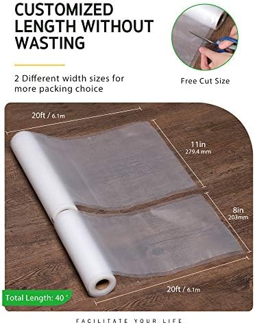 Syntus Vacuum Sealer Bags for Food, 3 Rolls 11" x 20' and 3 Rolls 8" x 20'