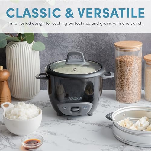AROMA® Rice Cooker, 3-Cup (Uncooked) / 6-Cup (Cooked), Steamer, Small Rice Cooker, Oatmeal Cooker, Soup Maker, Auto Keep Warm, 1.5 Qt, White, ARC-743-1NG