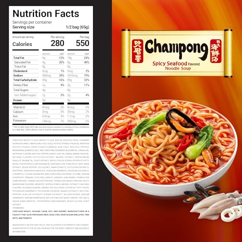 Nongshim Champong Noodle Soup, Smoky Spicy Seafood Korean Ramen, 4 Pack | Spicy seafood instant ramen with cuttlefish, mussel, scallop