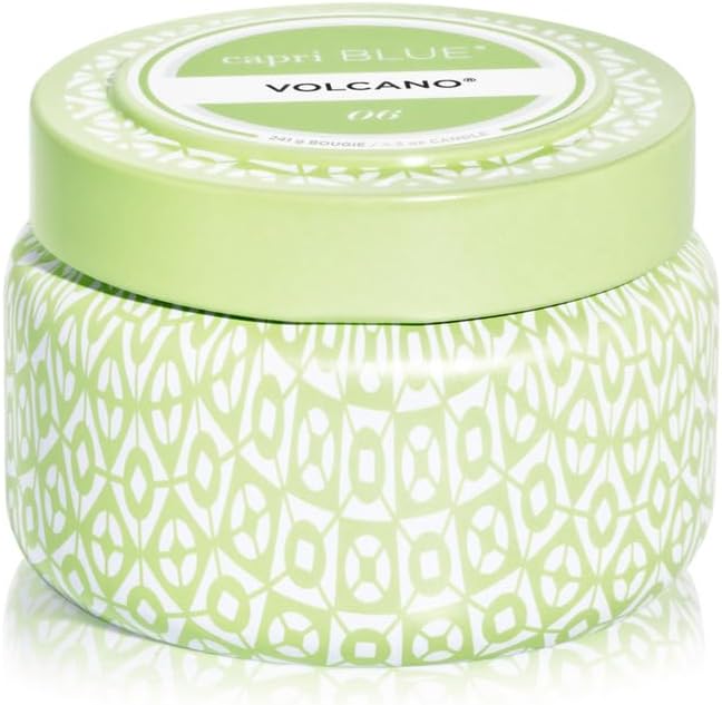 Capri Blue Volcano Printed Travel Tin Jar Candle - Luxury Candle with a Long Lasting Soy Wax Blend - Scented with Tropical & Fruity Fragrance (Blue Color, 8.5 oz)