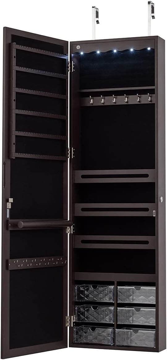 CHARMAID Jewelry Cabinet Armoire, Wall Mount Door Hanging, Lockable Jewelry Organizer with 47.5'' Full Length Mirror, 5 Lights
