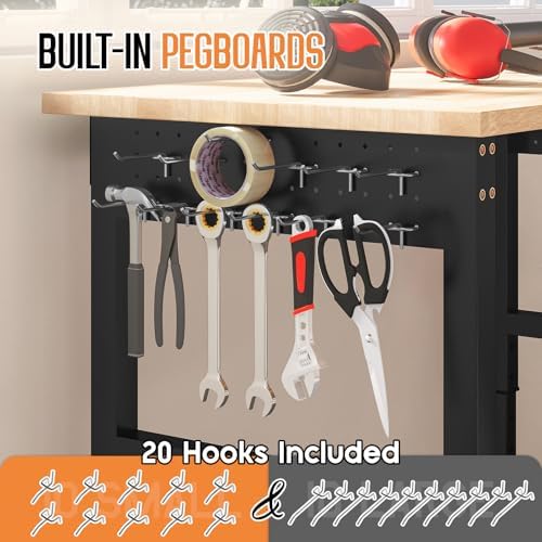 Albott 48" Adjustable 2-Tier Workbench with Solid Wood Top, Max 2500lbs Capacity, Built-in Power Strip with 4 AC Outlets & 2 USB Ports