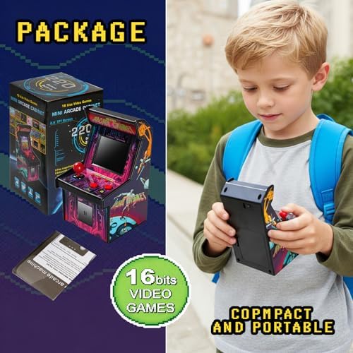 16 Bit Mini Arcade Machine Handheld Games Console for Kids Adults, 8-Way Joystick, 2.5'' Large Screen, 220 Built-in Classic Video Games, Gift for Kids
