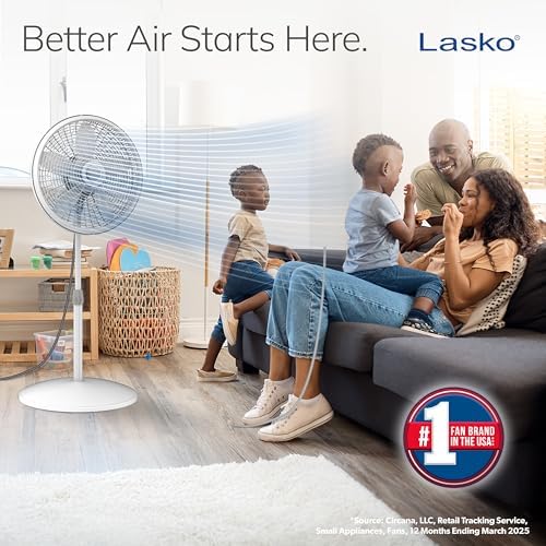 Lasko Oscillating Pedestal Fan - Lasko Fan with Adjustable Height and 3 Cooling Speeds, Portable, 18", White, 1820