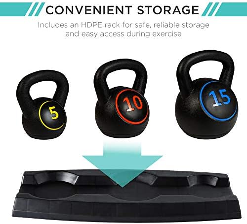 Best Choice Products 3-Piece Kettlebell Set with Storage Rack, HDPE Coated Exercise Fitness Concrete Weights for Home Gym, Strength Training