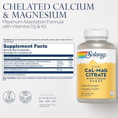 SOLARAY Calcium Magnesium Citrate 2:1 with Vitamin D3 K2, 180 Capsules | Bone, Heart