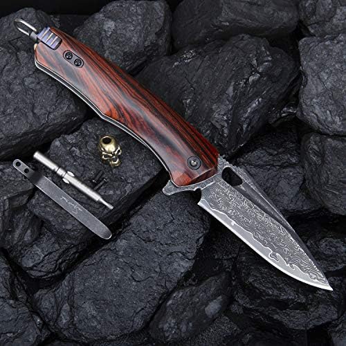 Damascus steel multifunctional EDC folding knife with self assembling pocket clip, lining lock, leather sheath, one piece disassembly pocket knife