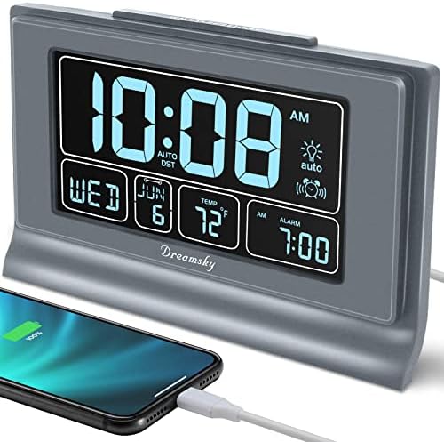 DreamSky Alarm Clocks for Bedrooms with Battery Backup, Auto Set | Digital Clock with Date & Day of Week, 5 Inch Large Display, Weekday, Temperature, USB Port, Auto DST, Brightness Dimmer