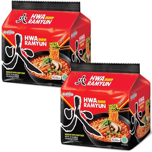 Paldo Fun & Yum Hwa Ramyun, Authentic Korean Imported, Spicy Soup Ramen, Quick & Easy to Cook Instant Noodles, Family Size 4/5-Pack