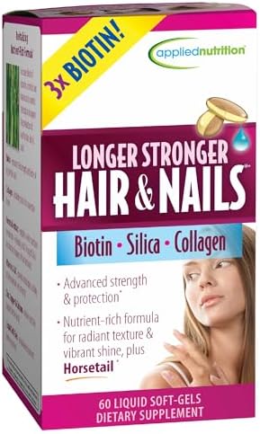 Applied Nutrition Longer Stronger Hair & Nails - 60 Liquid Soft-Gels, Pack of 6 - Biotin, Silica & Collagen - 180 Servings | Biotin | Silica & Collagen | Hair & Nail Support | 6 X 60 Softgels