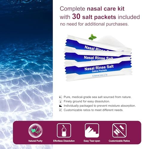 MAOEVER Neti Pot Sinus Rinse Bottle Nose Wash Cleaner Pressure Rinse Nasal Irrigation for Adult & Kid BPA Free 300 ML with 30 Nasal Wash Salt Packets and Sticker Thermometer(Blue)