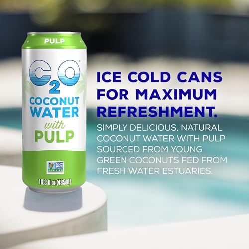 C2O Pure Coconut Water with Pulp, 16.3 Fluid Ounce, Pack of 8