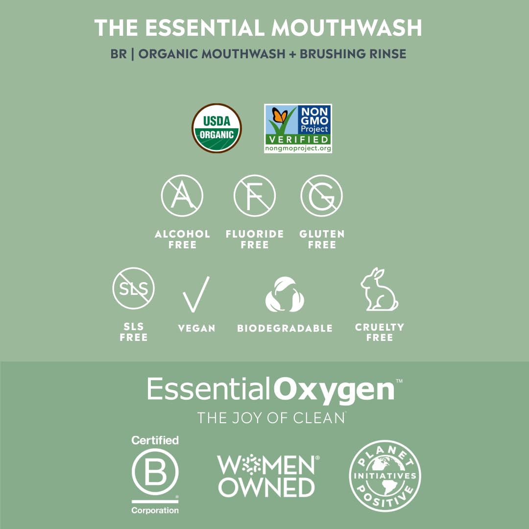 Essential Oxygen Certified BR Organic Brushing Rinse, All Natural Mouthwash for Whiter Teeth, Fresher Breath, and Happier Gums, Alcohol-Free Oral Care, Peppermint, 16 Ounce, Package may vary
