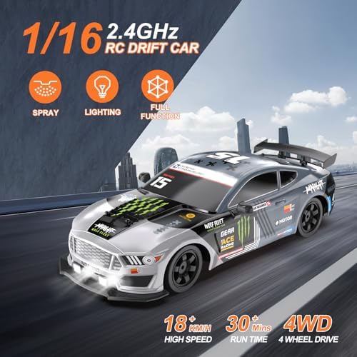 Dollox RC Drift Car 1/16 Scale Remote Control Car 2.4GHz 4WD High Speed 18+KM/H Race Car with LED Light and Spray, Extra Drifting Tires Racing Vehicle Toy Birthday Gifts for Adults Boys, 2 Batteries