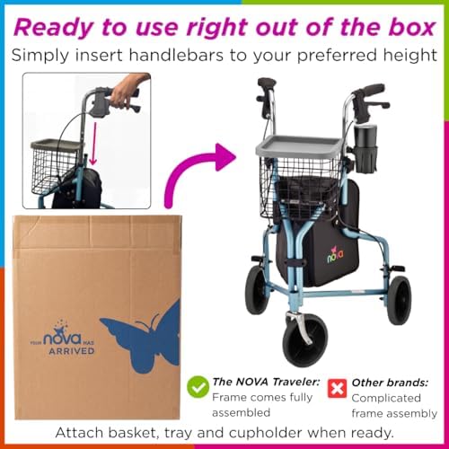 NOVA Traveler Folding 3-Wheel Walker with Tray, Basket, Pouch & Cup Holder, Lightweight Mobility Aid for Seniors & Adults, 8” All-Terrain Wheels for Tight Spaces & Travel, Sky Blue