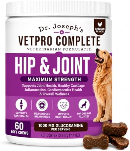 Dr. Joseph's VetPro Complete Dog Hip & Joint Wellness Supplement – High-Strength Glucosamine, MSM, Omega & Chondroitin Chews and Breeds – Vet Formulated Chicken Dog Treat - 120 Count