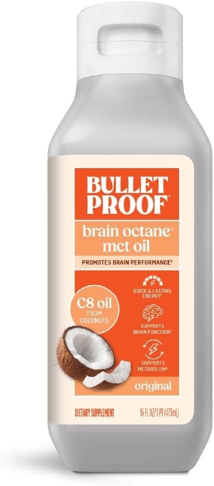Bulletproof Brain Octane C8 MCT Oil, Non-GMO, 16 oz – 100% C8 from Coconut | 100% Pure Coconut Oil, Triple-Distilled Keto Energy Supplement for Coffee & Smoothies, Unflavored, No Additives, Non-GMO