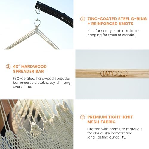Lazy Daze Hammock Chair, Hanging Swing Chair, Caribbean Rope Chair | 40"Hardwood Spreader Bar and Soft-Spun Cotton Rope, Hammock Weaving Chair for Indoor, Outdoor, Backyard, Max 300 LBS, Natural