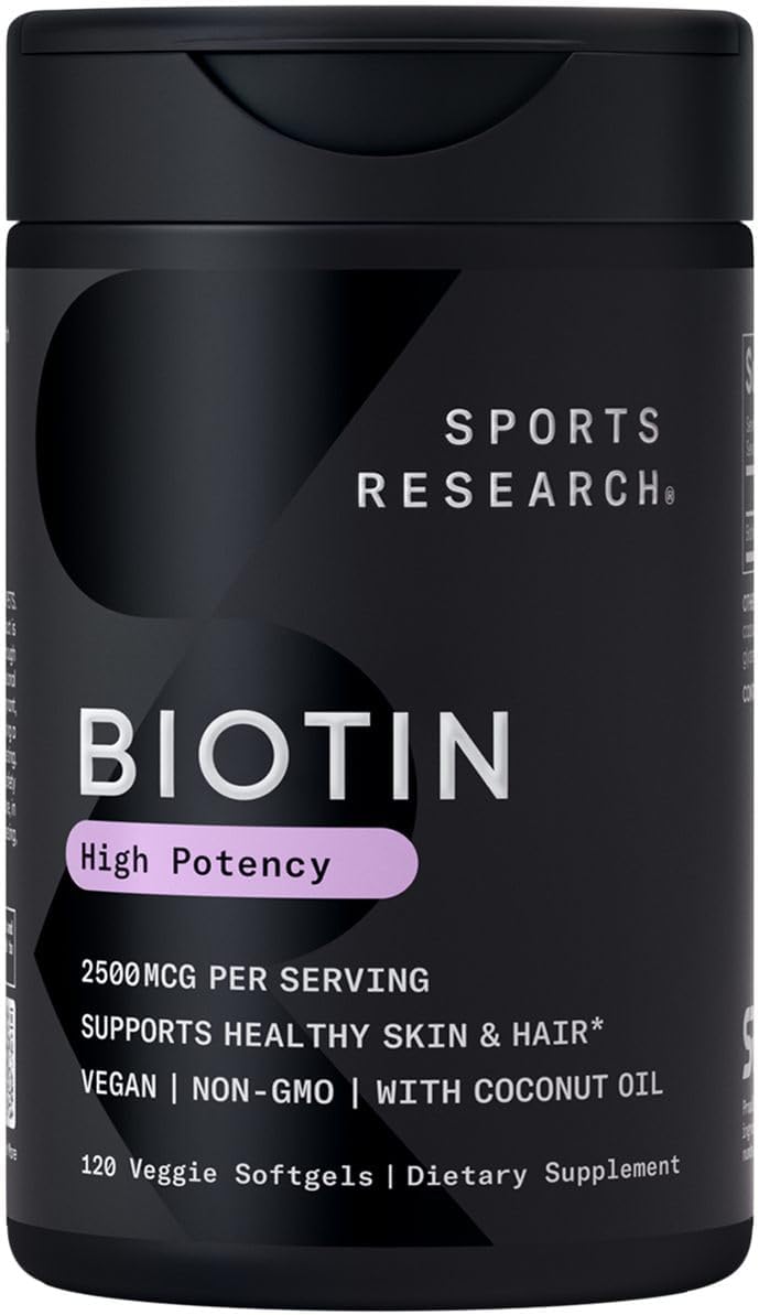 Sports Research® Biotin 10,000mcg w/Coconut Oil, 120 Count Plantgels™ | Max Strength Vegan Biotin (Vitamin B7) for Healthy Skin and Hair Support | Non-GMO, Gluten & Soy-Free, 120 Servings