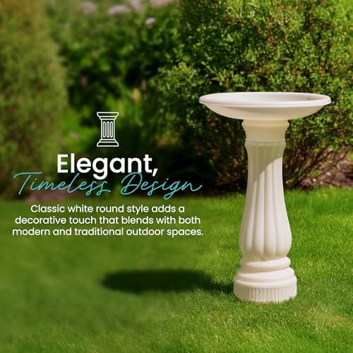 Union Products Bird Bath for Outside, Round Outdoor Patio Lawn and Garden Decor with Fillable Base for Stability, 17"D x 25"H, White