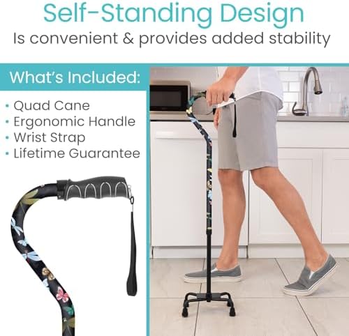 Vive Quad Cane - Walking Stick for Men and Women - Lightweight Adjustable Staff - Comfortable Right and Left Hand Grip for Stability Support - Four Prong Sturdy Aluminum Travel Aid - 4 Tip Blue | Senior 4 Prong Walking Stick for Stability & Balance- Righ…