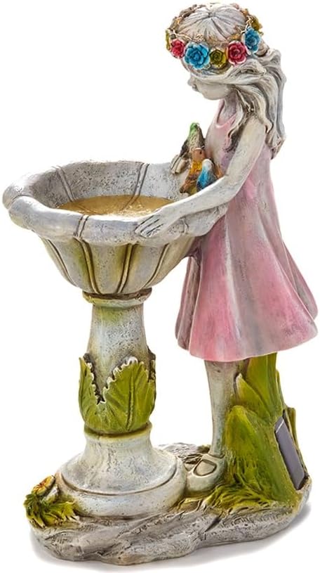 The Lakeside Collection Bird Bath Sculpture Solar Lighted Girl with Fountain