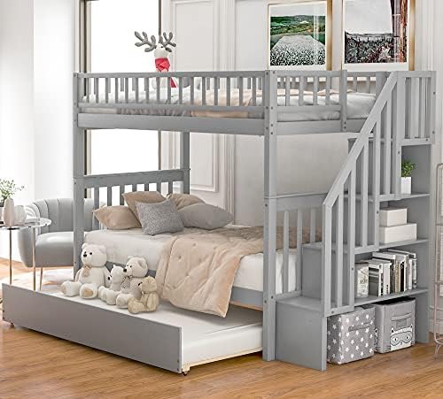 Bellemave Full Over Full Bunk Beds with Stairs Stairway Bunk Bed Frame with Storage Shelves for Teens Adult, Detachable Wood Full Bunk Bed, Gray