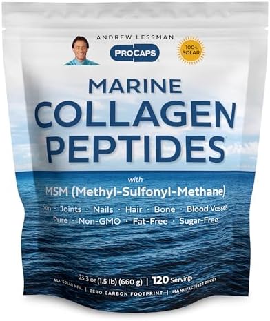 Andrew Lessman ProCaps Marine Collagen with MSM Powder 30 Servings | Marine Collagen with MSM supports healthy skin, joints, bones, hair and nails in a pure, unflavored, super-soluble powder.
