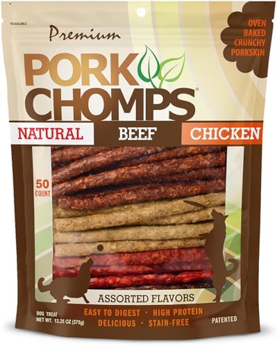 Pork Chomps Dog Chews, 5 in Munchy Sticks, Assorted Flavors, 50 Count | Oven-baked from real pork skin - a rawhide-free chew that's low in fat, high in protein, and easy to digest