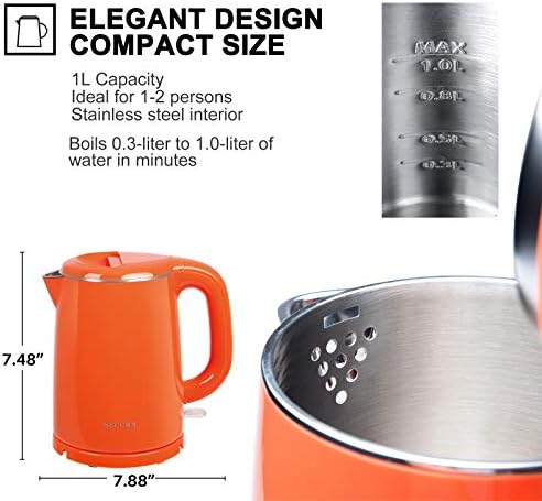 Secura Stainless Steel Double Wall Electric Kettle Water Heater for Tea Coffee w/Auto Shut-Off and Boil-Dry Protection, 1.0L (Orange) SWK-1001DO/HB-K012
