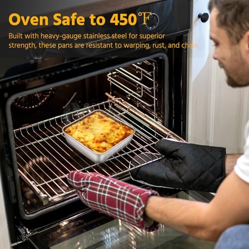 E-far 8 x 8-Inch Baking Pan with lid, Square Cake Brownie Baking Pans Stainless Steel Bakeware Set of 2, Non-toxic & Healthy