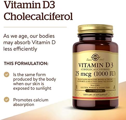 Solgar Vitamin D3 (Cholecalciferol) 25 MCG (1000 IU), 180 Servings | Helps Maintain Healthy Bones & Teeth - Immune System Support - Non-GMO, Gluten Free, Dairy Free, Kosher