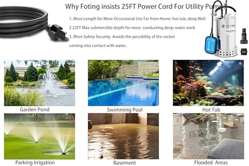 FOTING Full 304 Stainless Steel Sump Pump with Float Switch - 1HP 4600GPH Automatic Submersible Water Pump Fast Water Removal in Pools, Basements