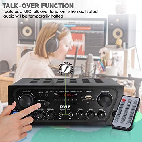 Pyle 2-Channel Bluetooth Home Stereo Amplifier - 250W Wireless Audio Receiver, Karaoke Optimized: Dual Mic In with Echo, Mic Talk-Over, FM Radio